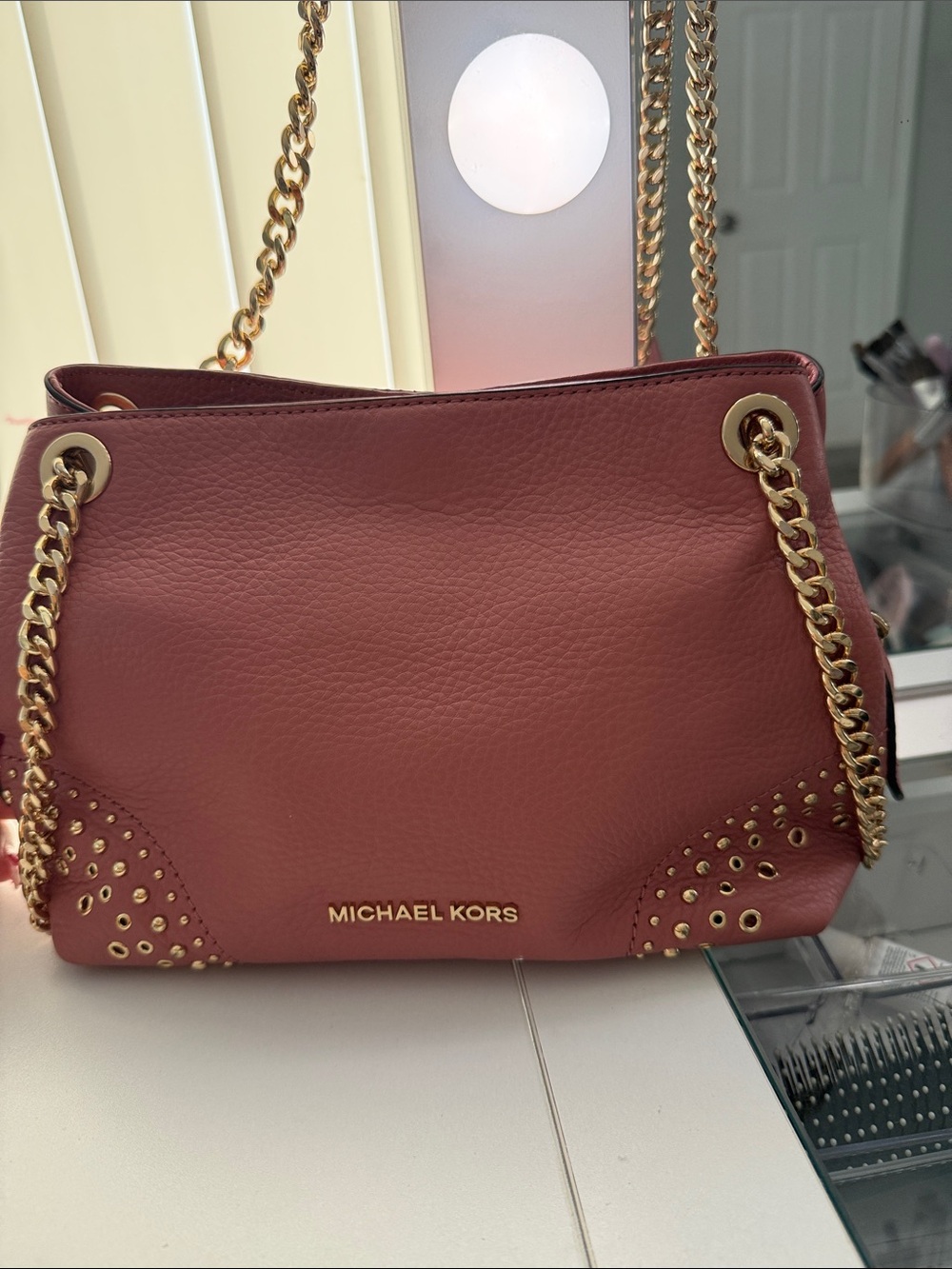 Michael Kors Rose Leather Chain-Handle Shoulder Bag with Gold Hardware